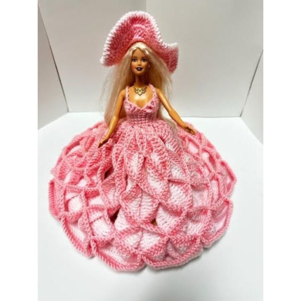 Hand Crocheted Barbie Gown and Hat with Barbie